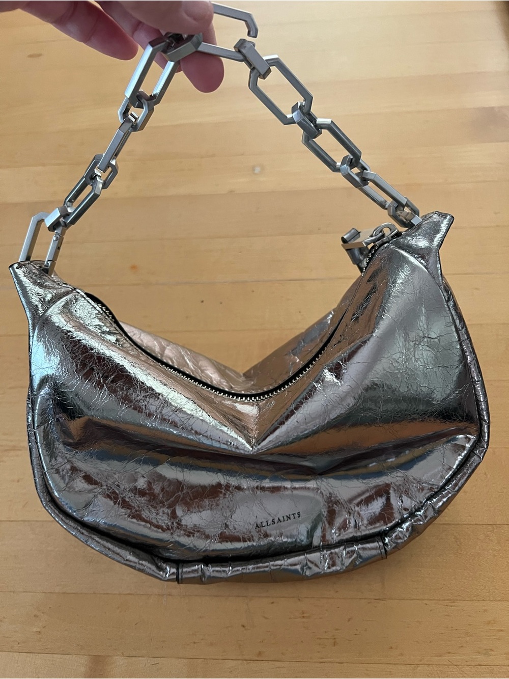 AllSaints Madea Mini Chain Bag Gunmetal Grey Metallic Leather